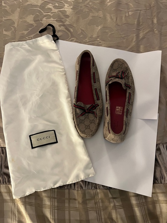 Gucci Shoes - Gucci Beige GG Canvas Loafers with Red Interior